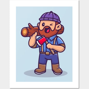 Carpenter Holding Ax And Wood Cartoon Posters and Art